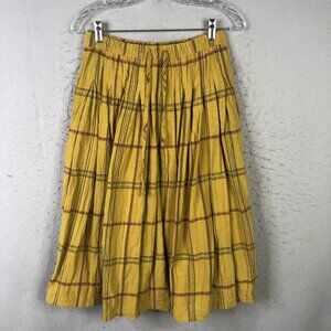 Amente Skirt Womens M/L Yellow Plaid Cotton Elastic Waist Pleated Chartreuse
